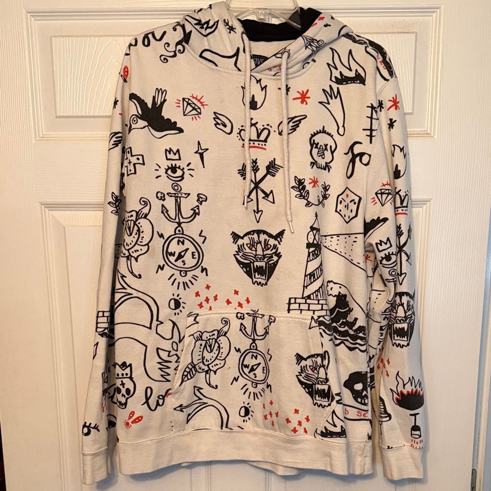 Graphic White Hoodie with Black and Red Accents